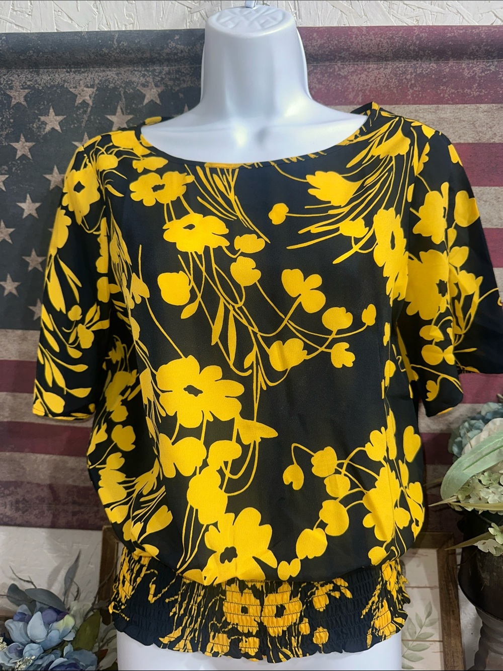Michael Kors navy Blouse with Yellow Floral Print